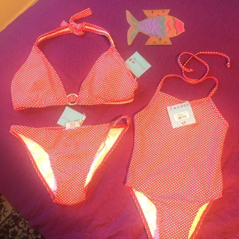 Letarte Med bottom & D cup top NWT red with white tiny polka dots